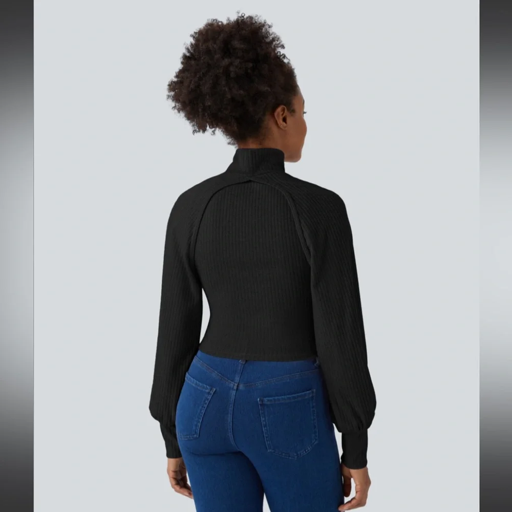 Ribbed Knit High Neck Long Sleeve Cut Out 2-Piece Casual Sweater - Picture 2 of 5